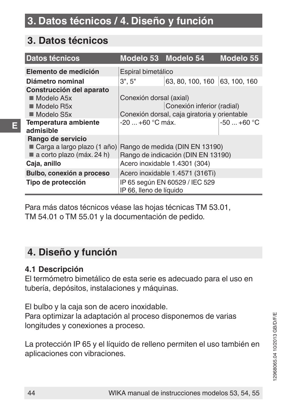 Datos técnicos / 4. diseño y función, Datos técnicos, Diseño y función | WIKA 55 User Manual | Page 44 / 52