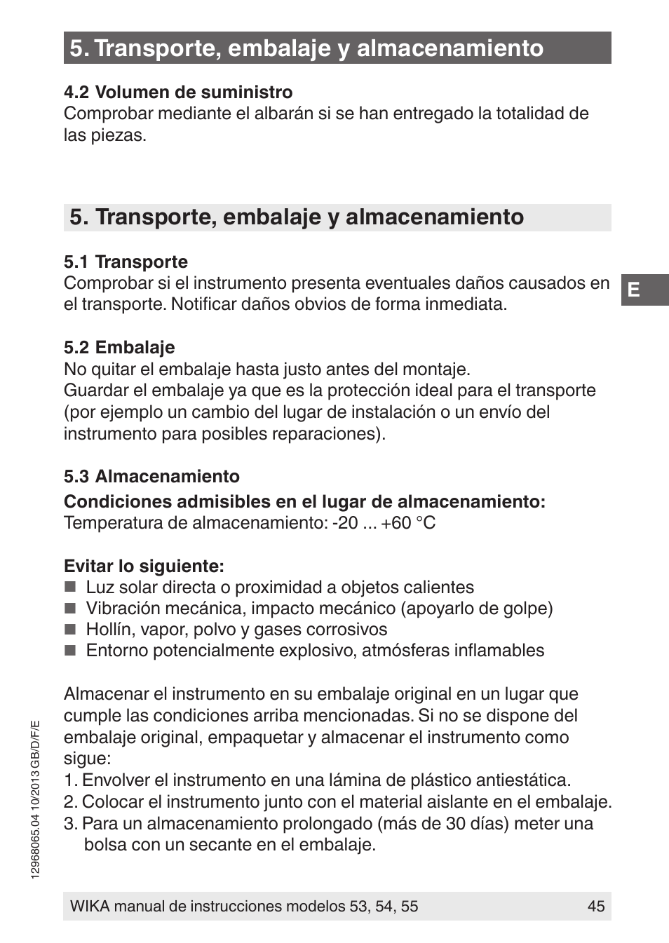 Transporte, embalaje y almacenamiento | WIKA 55 User Manual | Page 45 / 52