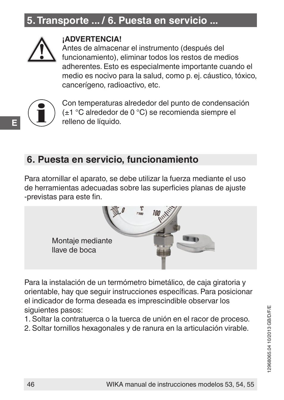 Transporte ... / 6. puesta en servicio, Puesta en servicio, funcionamiento | WIKA 55 User Manual | Page 46 / 52