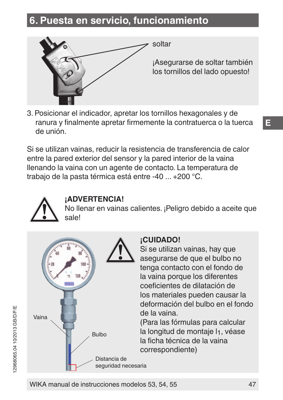 Puesta en servicio, funcionamiento | WIKA 55 User Manual | Page 47 / 52