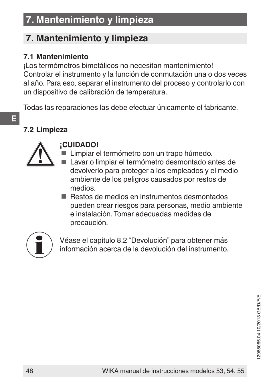 Mantenimiento y limpieza | WIKA 55 User Manual | Page 48 / 52
