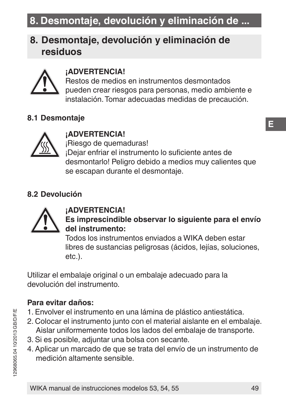 Desmontaje, devolución y eliminación de, Desmontaje, devolución y eliminación de residuos | WIKA 55 User Manual | Page 49 / 52