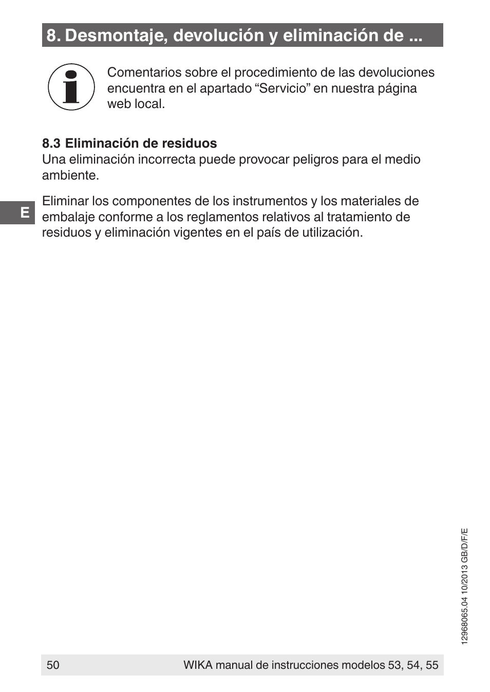 Desmontaje, devolución y eliminación de | WIKA 55 User Manual | Page 50 / 52