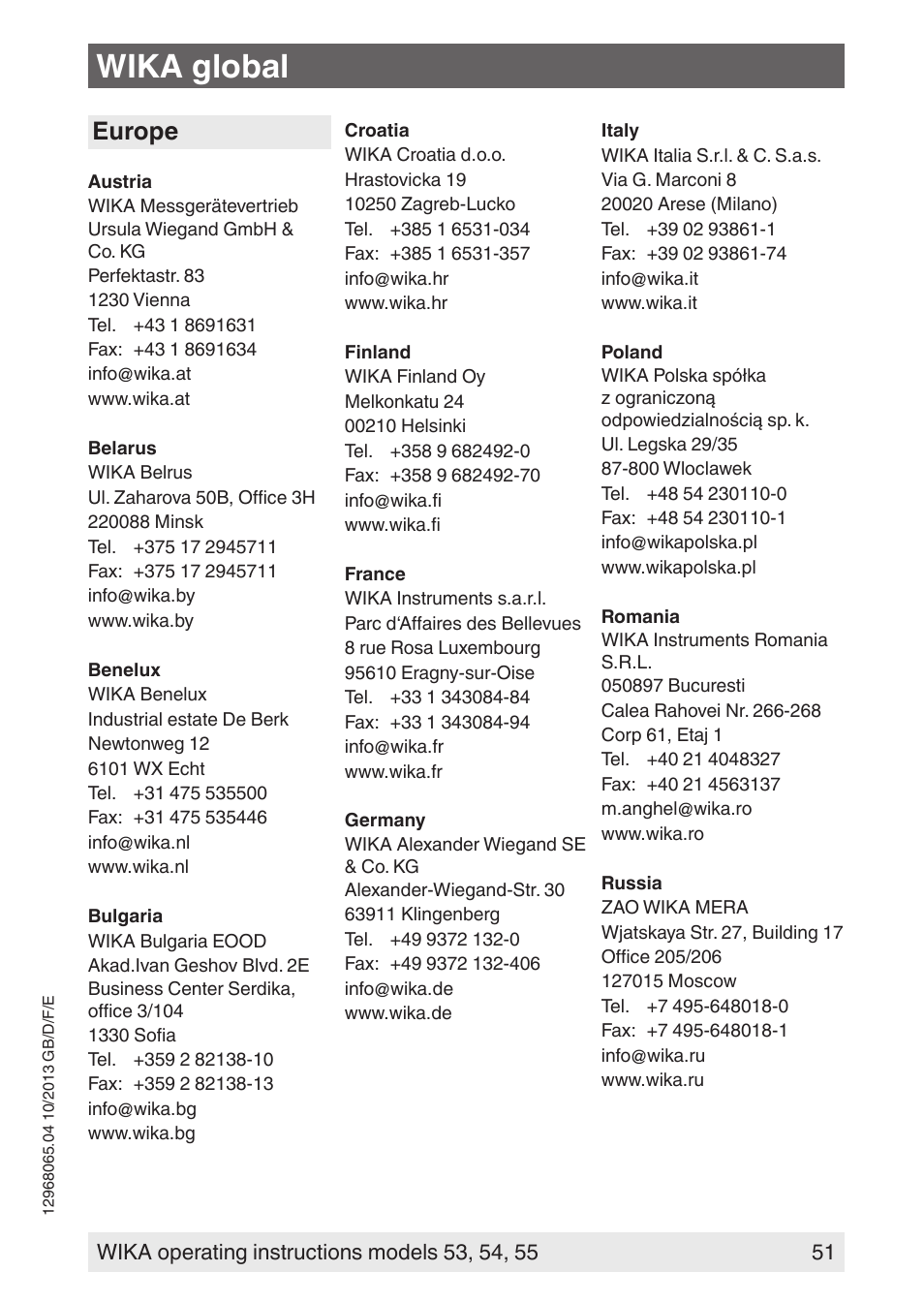 Wika global, Europe | WIKA 55 User Manual | Page 51 / 52