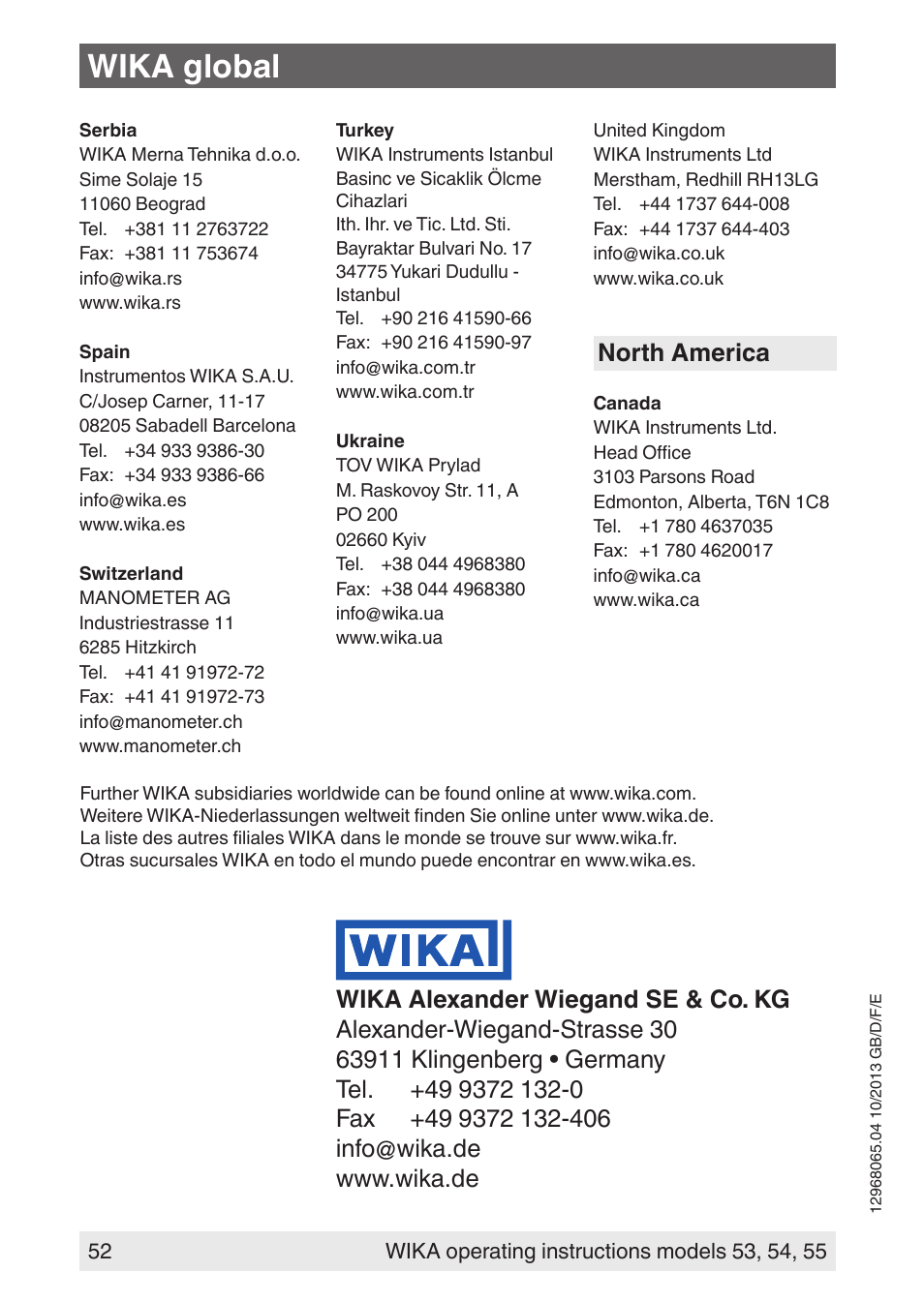 Wika global, North america | WIKA 55 User Manual | Page 52 / 52