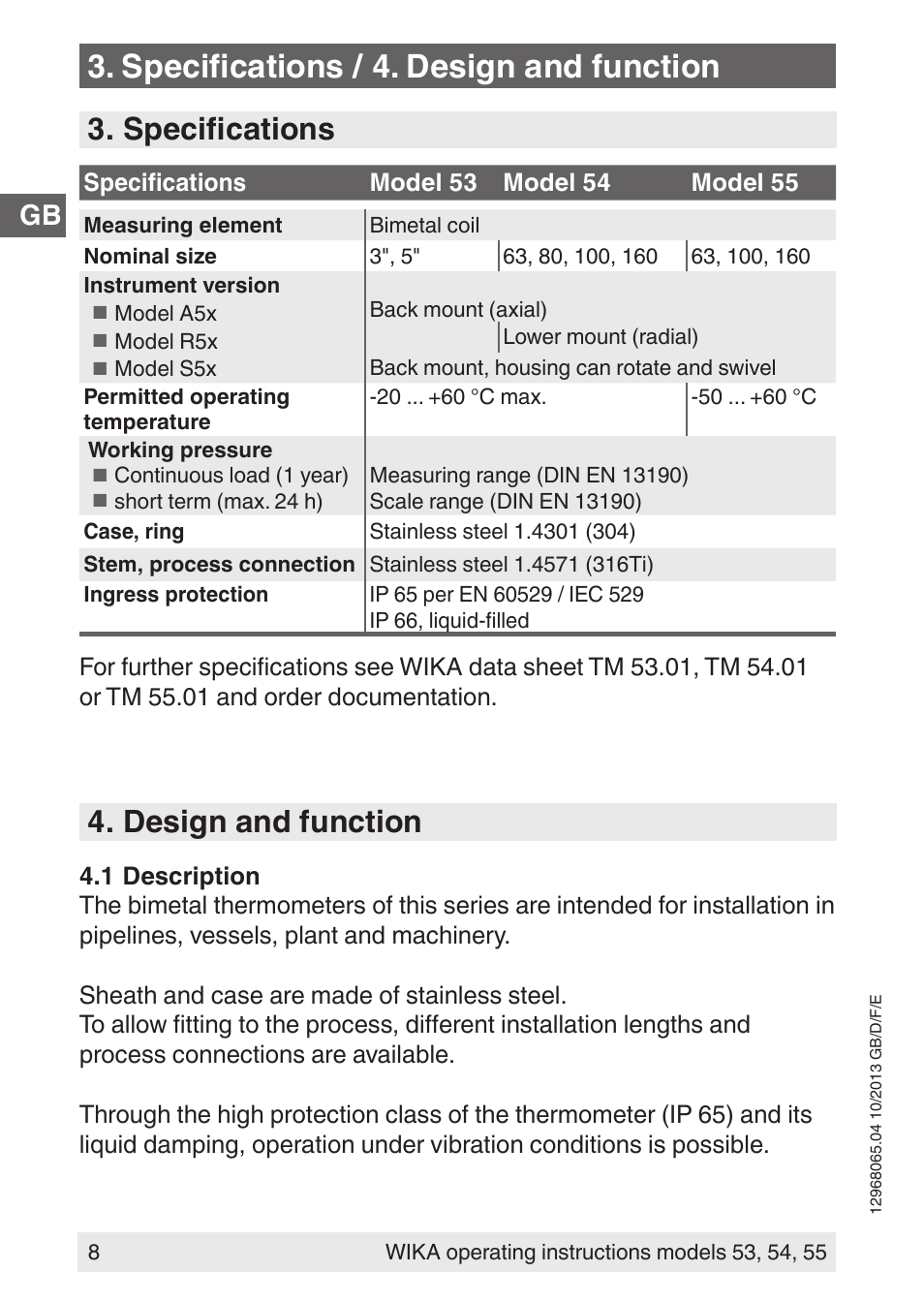 Specifications / 4. design and function, Specifications, Design and function | WIKA 55 User Manual | Page 8 / 52