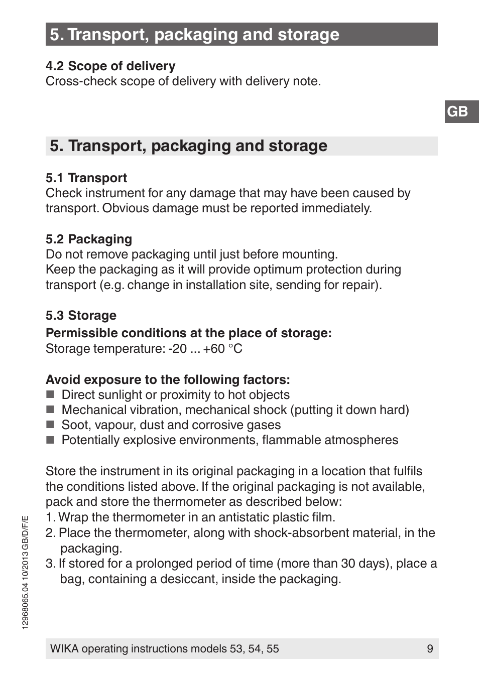 Transport, packaging and storage | WIKA 55 User Manual | Page 9 / 52