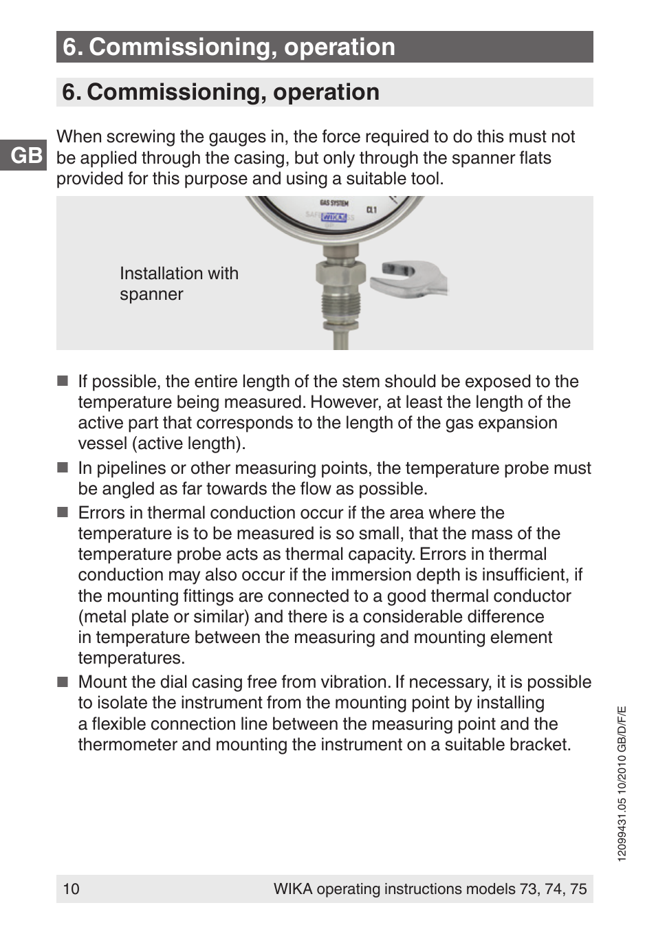 Commissioning, operation | WIKA 73 User Manual | Page 10 / 60