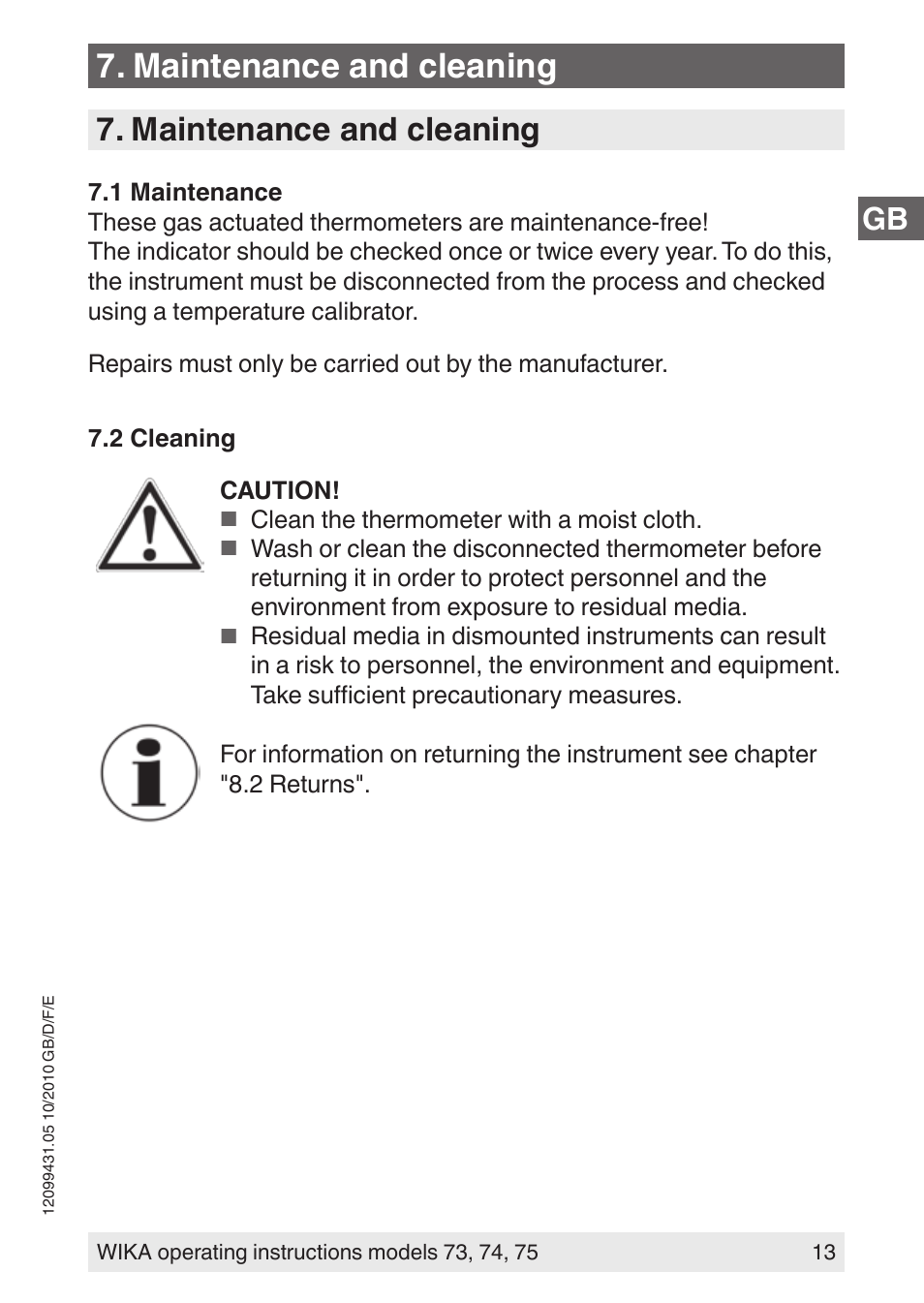 Maintenance and cleaning | WIKA 73 User Manual | Page 13 / 60