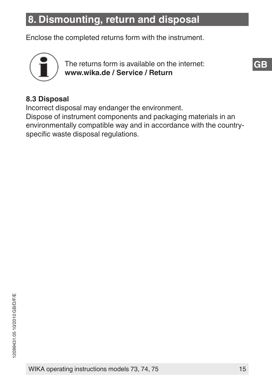 Dismounting, return and disposal | WIKA 73 User Manual | Page 15 / 60