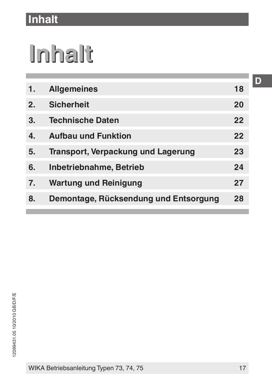 Inhalt | WIKA 73 User Manual | Page 17 / 60