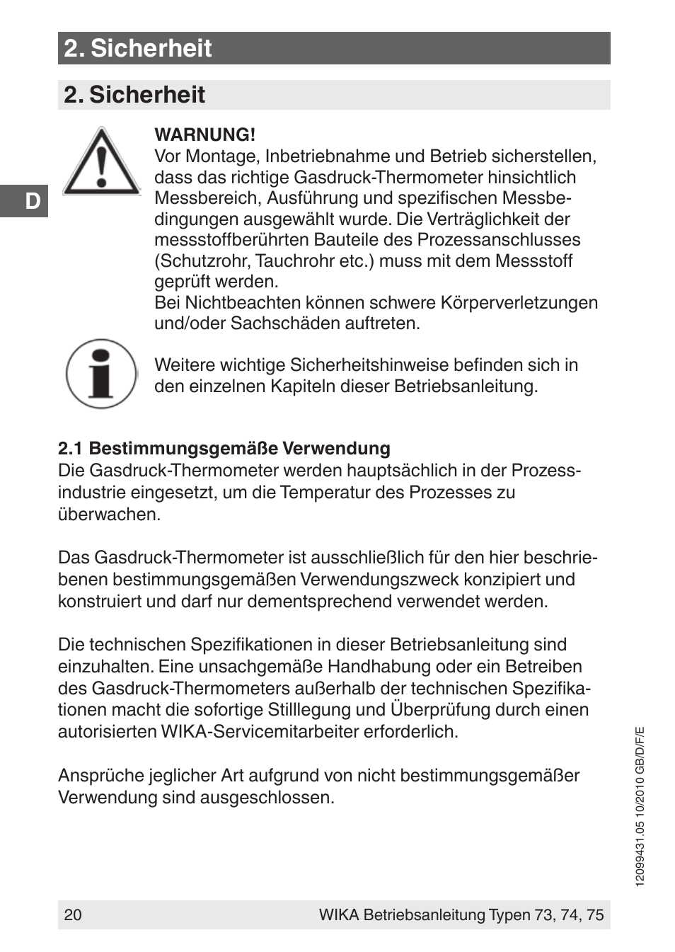 Sicherheit | WIKA 73 User Manual | Page 20 / 60