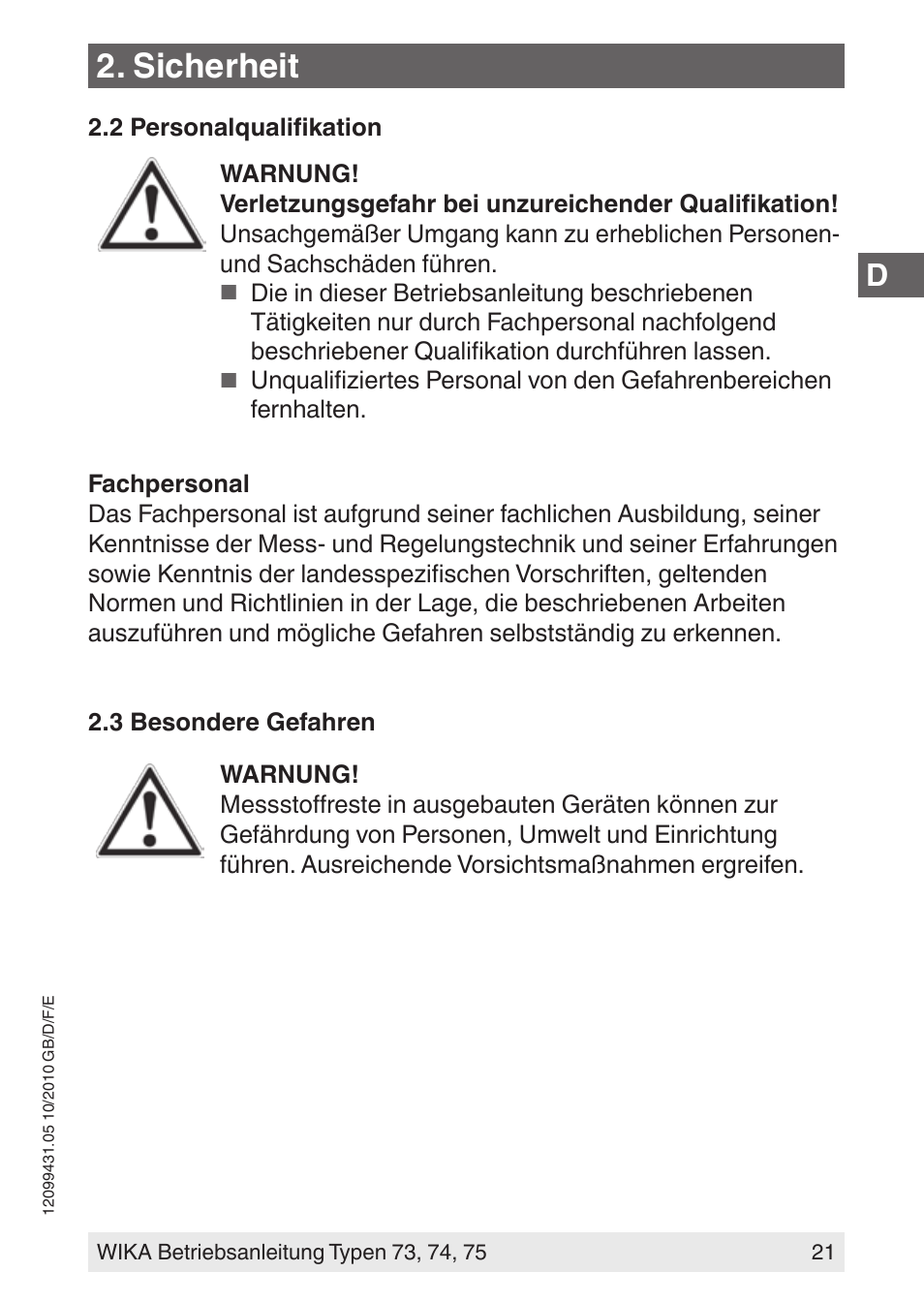 Sicherheit | WIKA 73 User Manual | Page 21 / 60