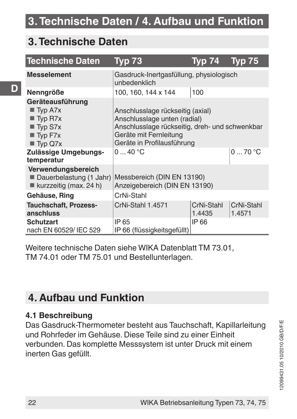 Technische daten / 4. aufbau und funktion, Technische daten, Aufbau und funktion | WIKA 73 User Manual | Page 22 / 60