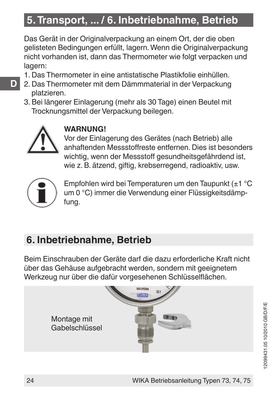 Transport, ... / 6. inbetriebnahme, betrieb, Inbetriebnahme, betrieb | WIKA 73 User Manual | Page 24 / 60