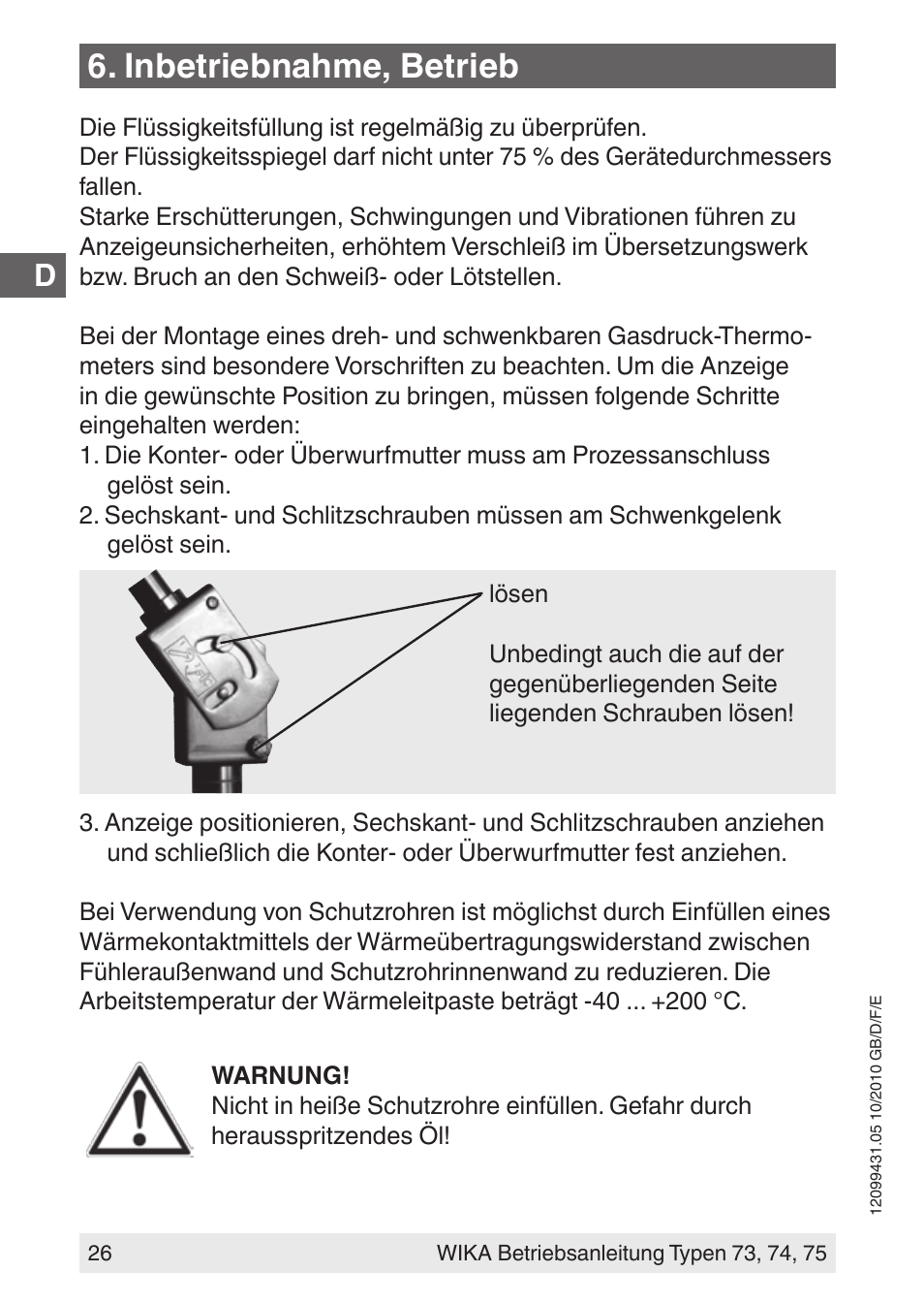Inbetriebnahme, betrieb | WIKA 73 User Manual | Page 26 / 60