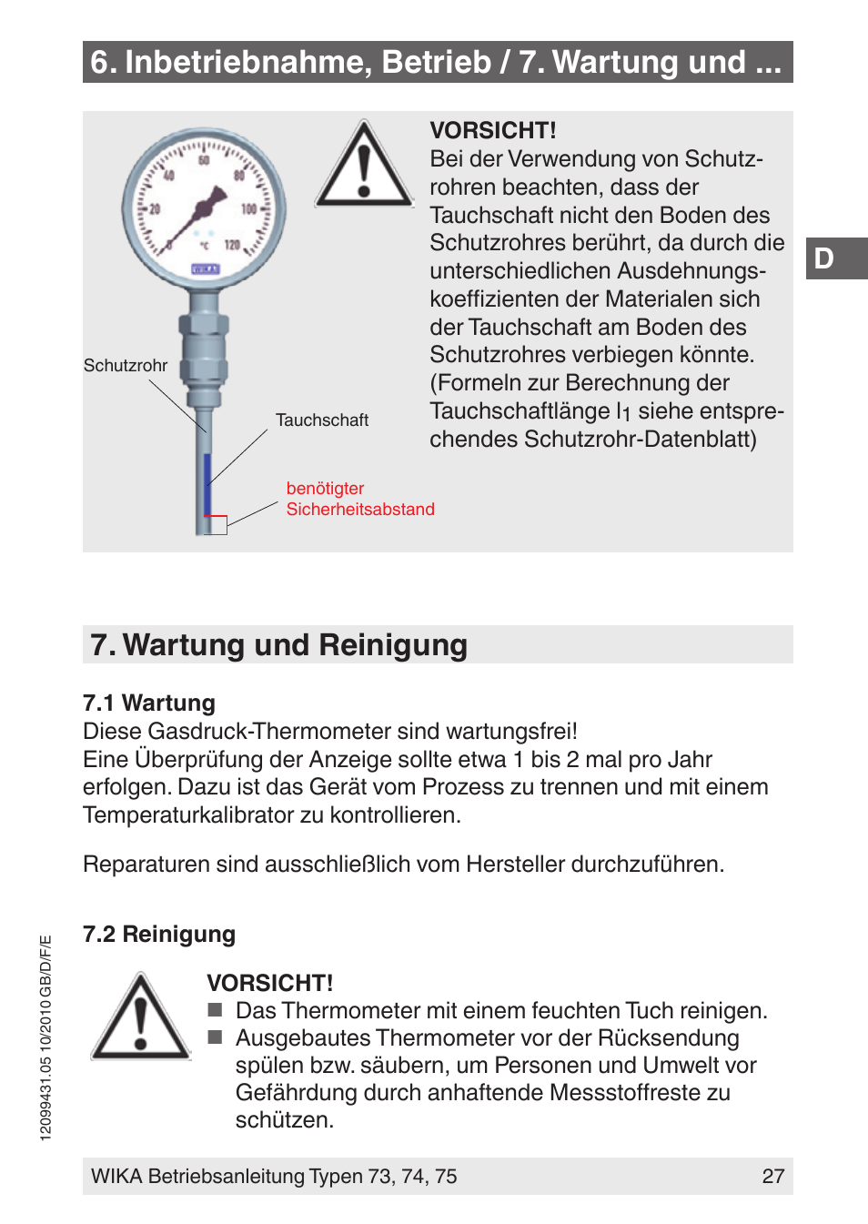 Inbetriebnahme, betrieb / 7. wartung und, Wartung und reinigung | WIKA 73 User Manual | Page 27 / 60