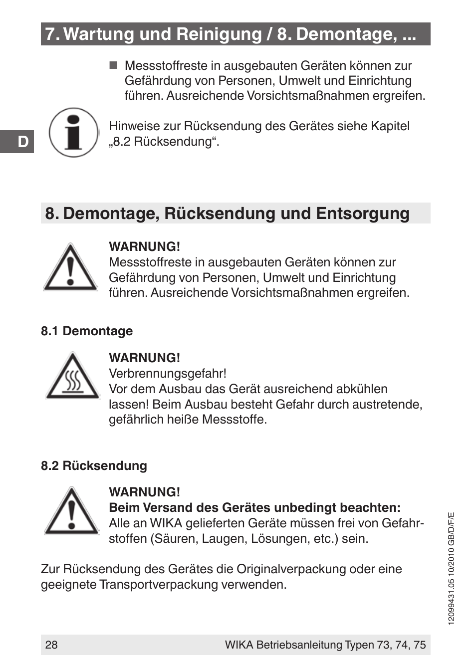 Wartung und reinigung / 8. demontage, Demontage, rücksendung und entsorgung | WIKA 73 User Manual | Page 28 / 60