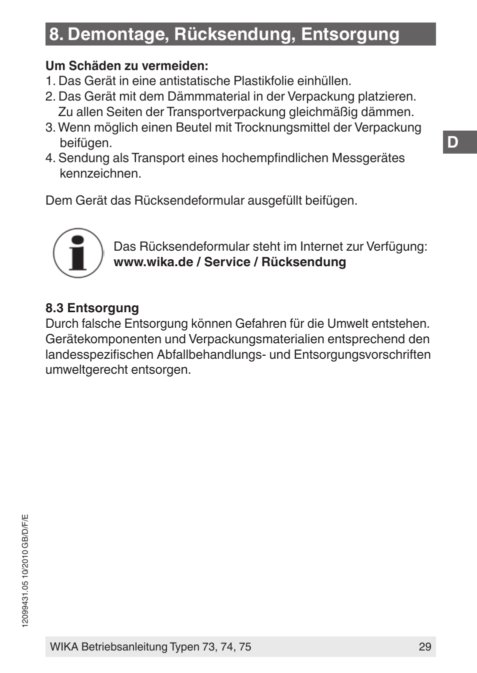 Demontage, rücksendung, entsorgung | WIKA 73 User Manual | Page 29 / 60