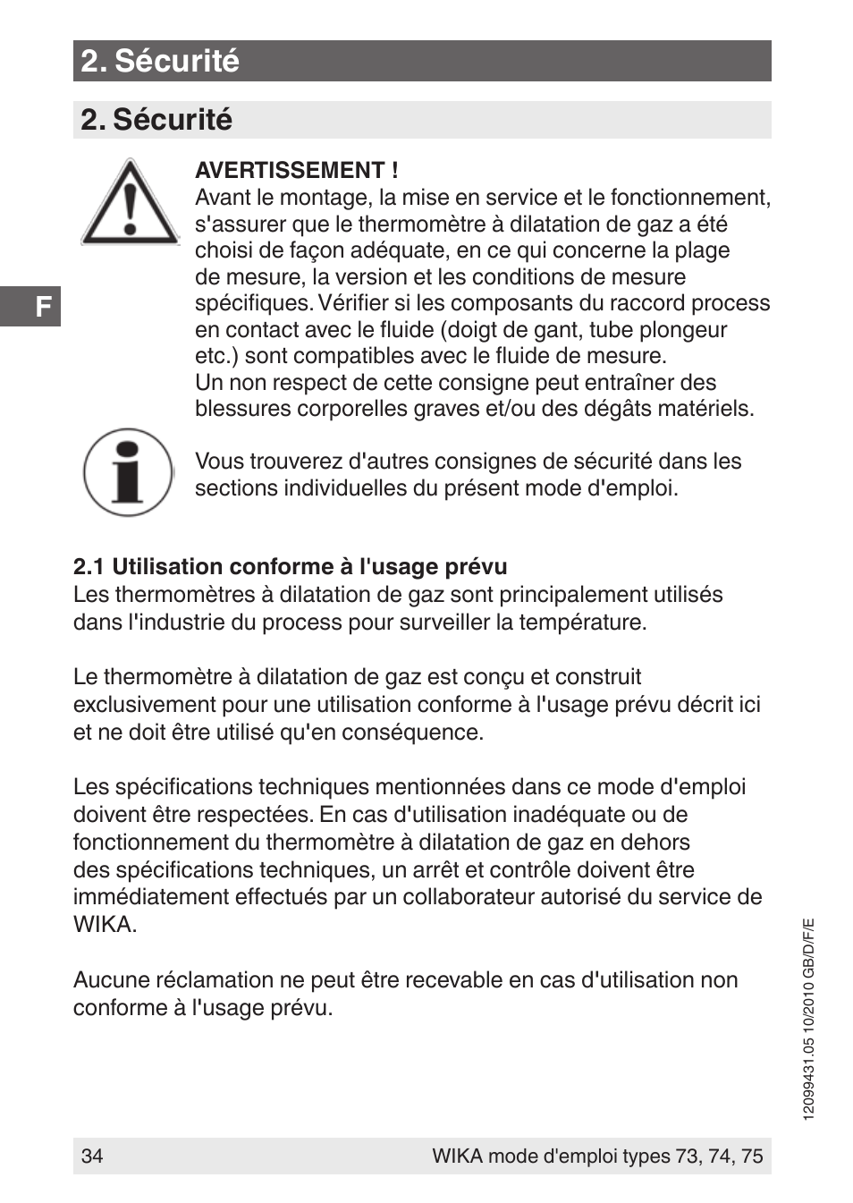 Sécurité | WIKA 73 User Manual | Page 34 / 60