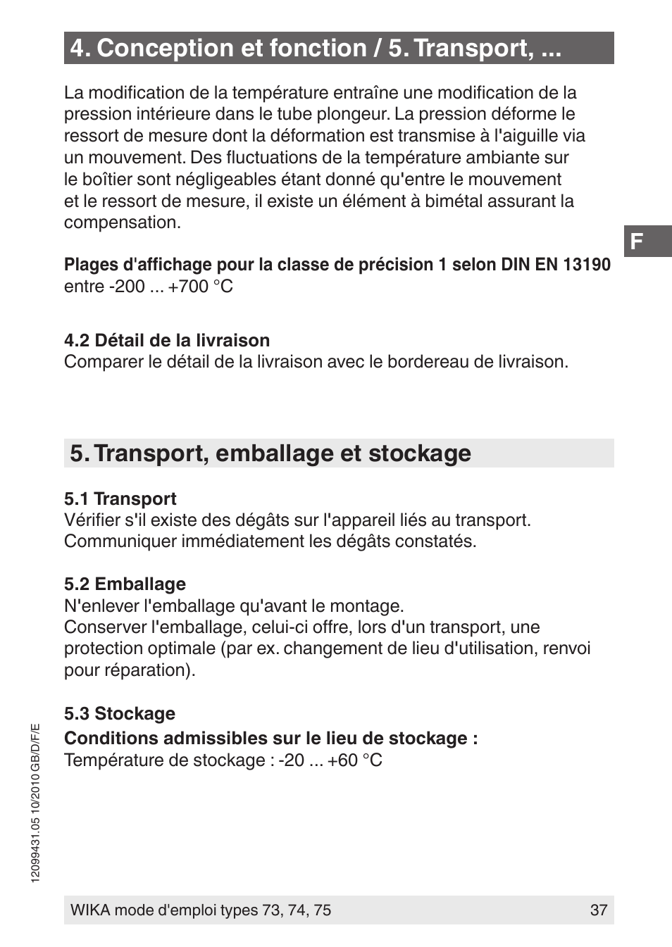 Conception et fonction / 5. transport, Transport, emballage et stockage | WIKA 73 User Manual | Page 37 / 60