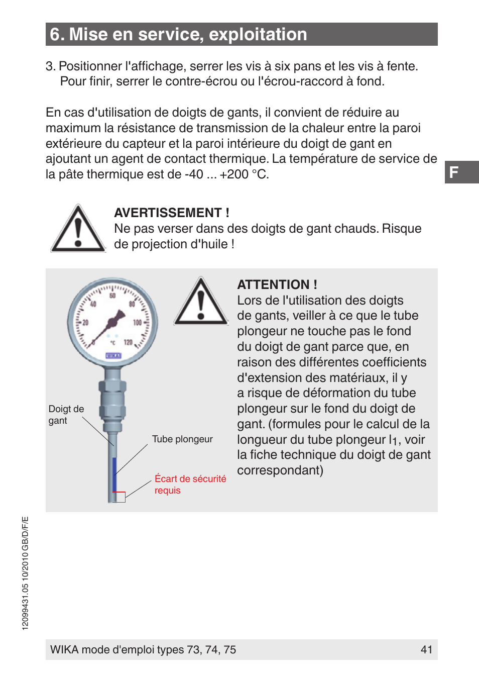 Mise en service, exploitation | WIKA 73 User Manual | Page 41 / 60