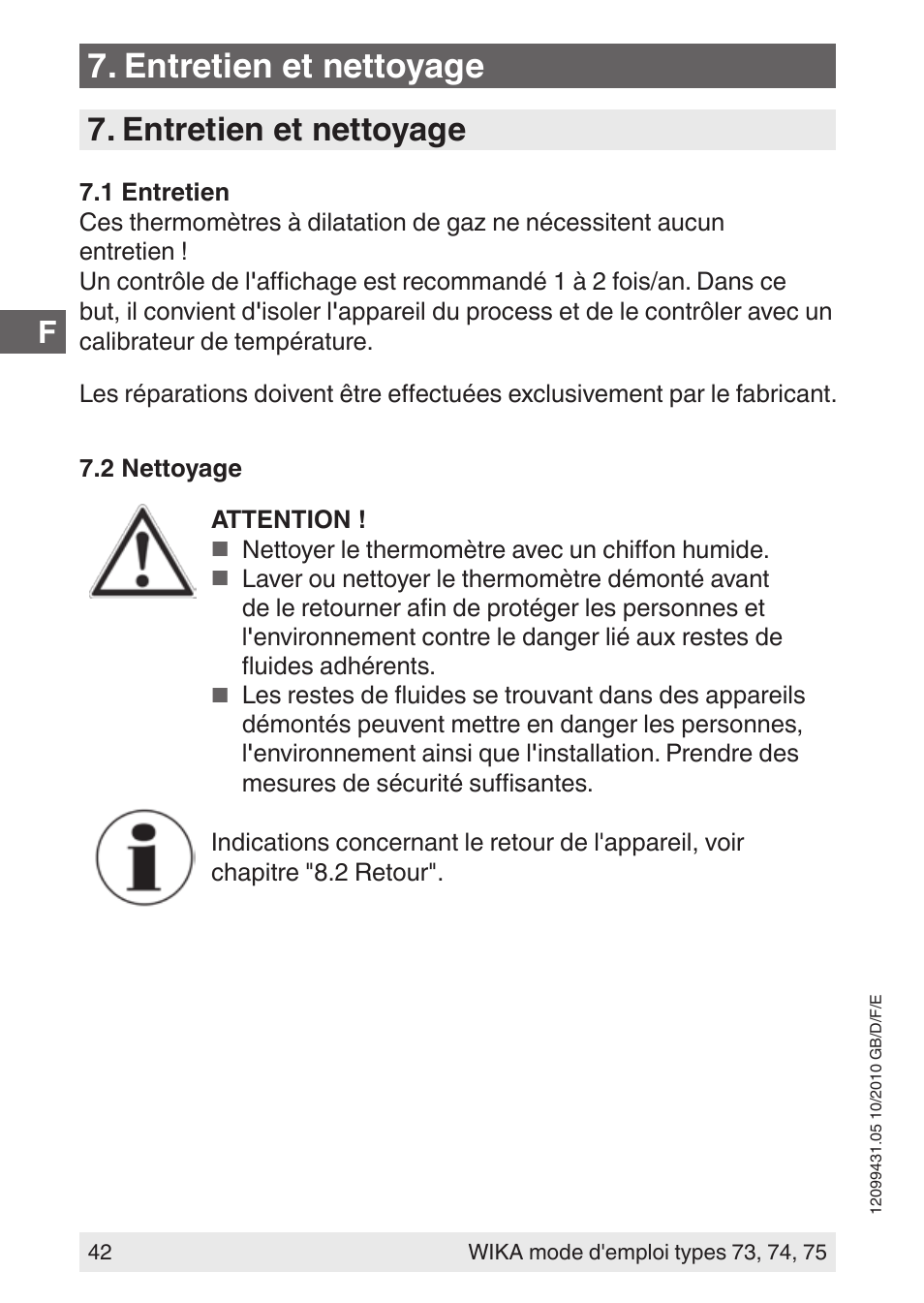 Entretien et nettoyage | WIKA 73 User Manual | Page 42 / 60