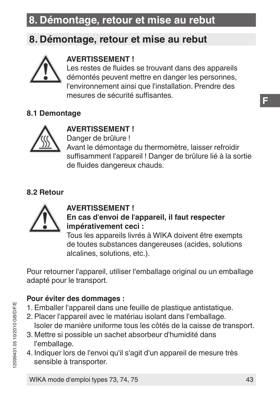 Démontage, retour et mise au rebut | WIKA 73 User Manual | Page 43 / 60