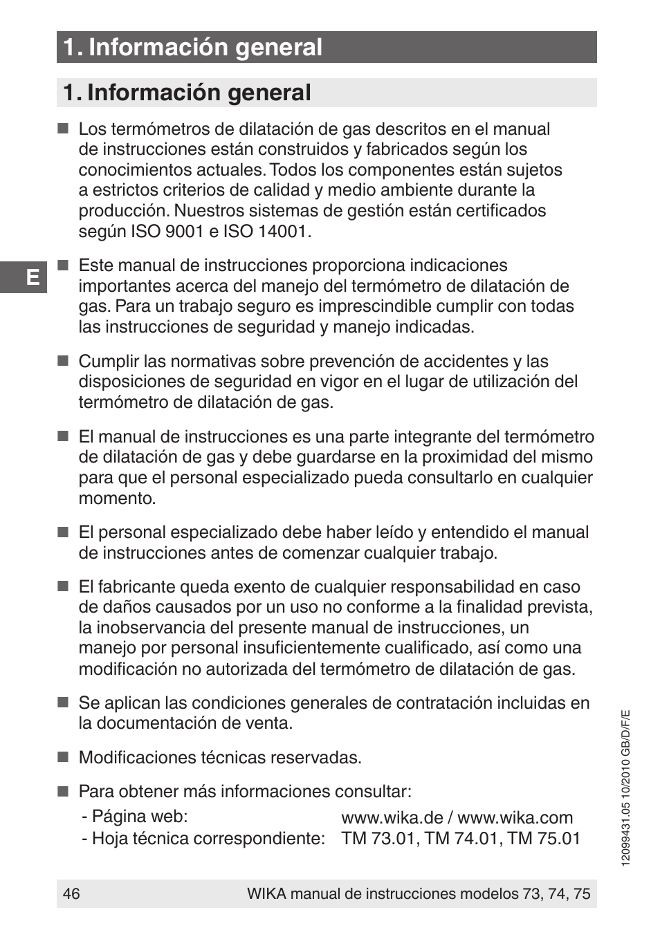 Información general | WIKA 73 User Manual | Page 46 / 60