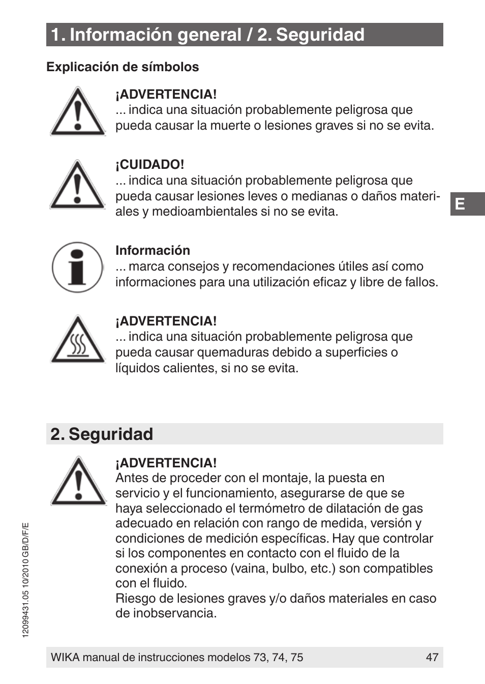 Información general / 2. seguridad, Seguridad | WIKA 73 User Manual | Page 47 / 60