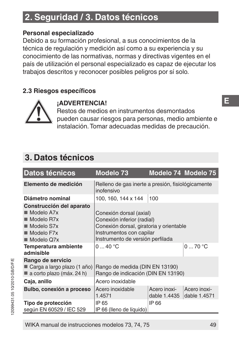 Seguridad / 3. datos técnicos, Datos técnicos | WIKA 73 User Manual | Page 49 / 60