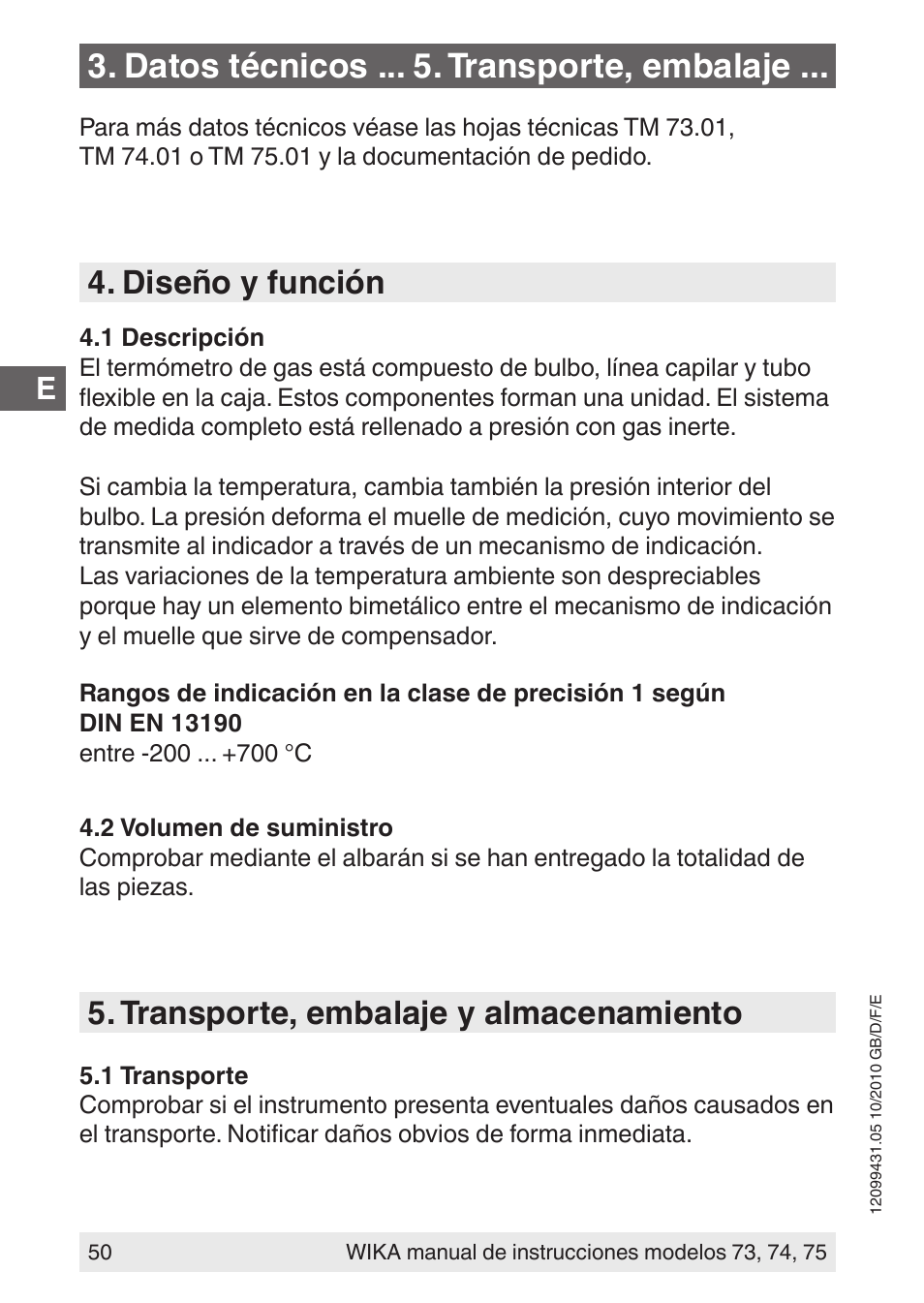 Datos técnicos . transporte, embalaje, Diseño y función, Transporte, embalaje y almacenamiento | WIKA 73 User Manual | Page 50 / 60