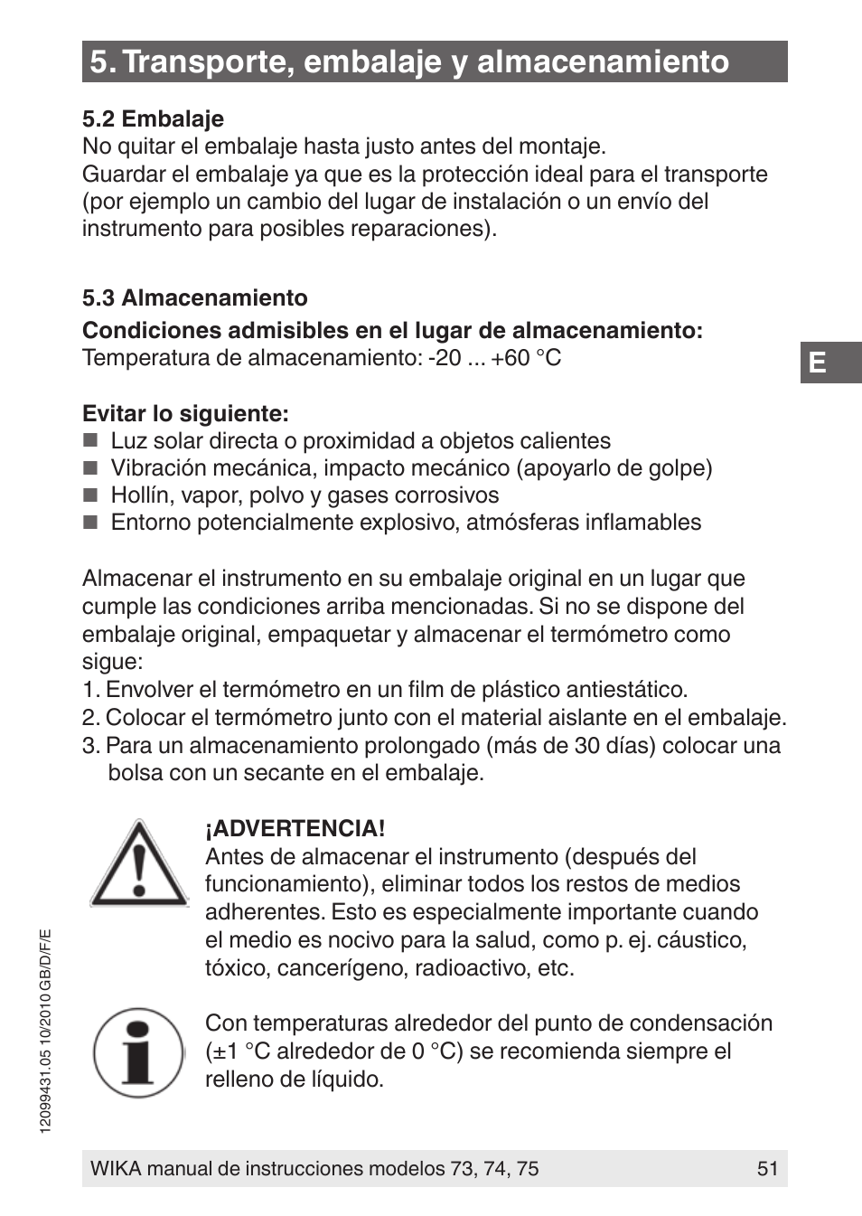Transporte, embalaje y almacenamiento | WIKA 73 User Manual | Page 51 / 60