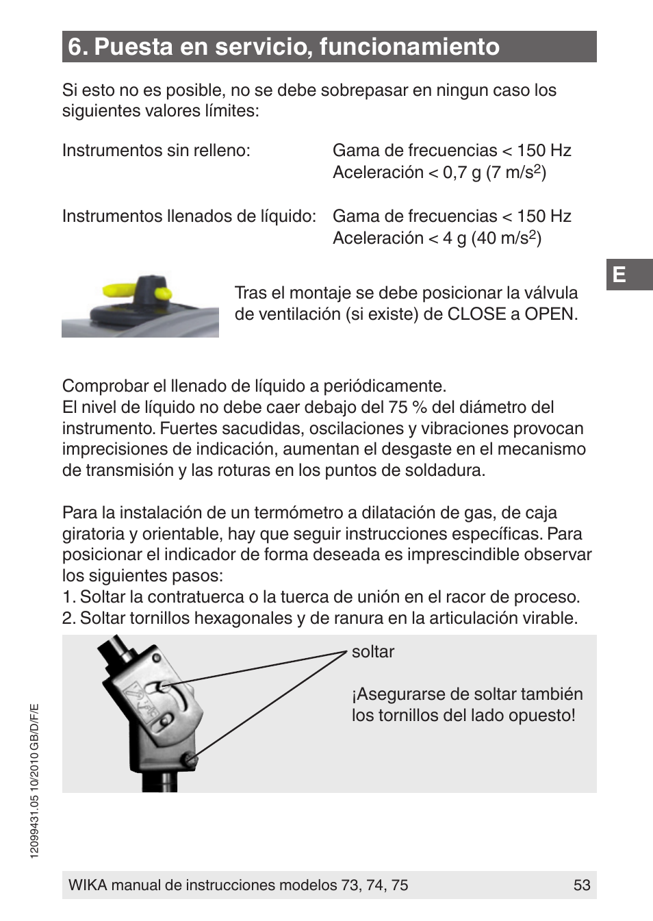 Puesta en servicio, funcionamiento | WIKA 73 User Manual | Page 53 / 60