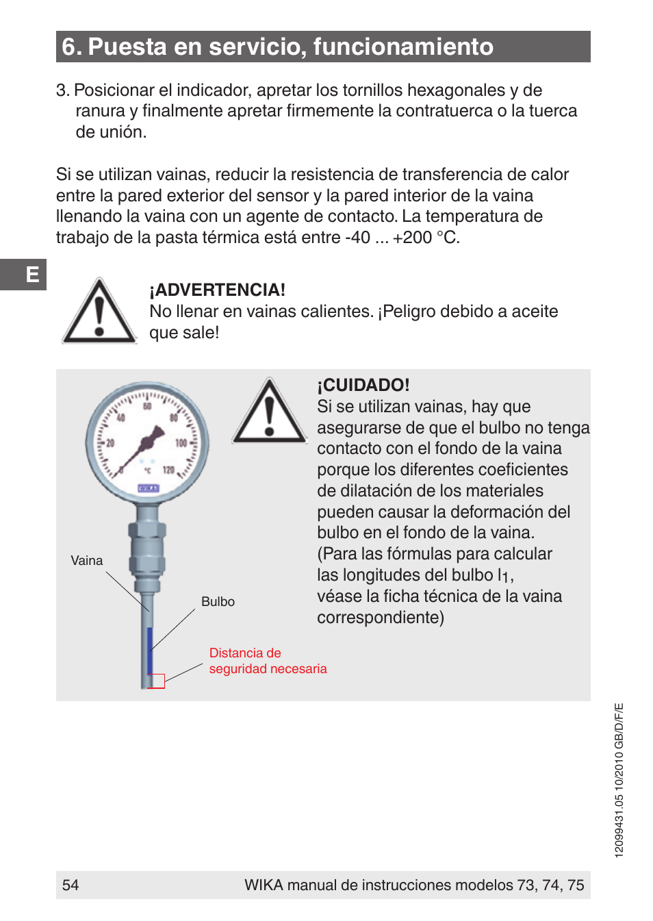 Puesta en servicio, funcionamiento | WIKA 73 User Manual | Page 54 / 60