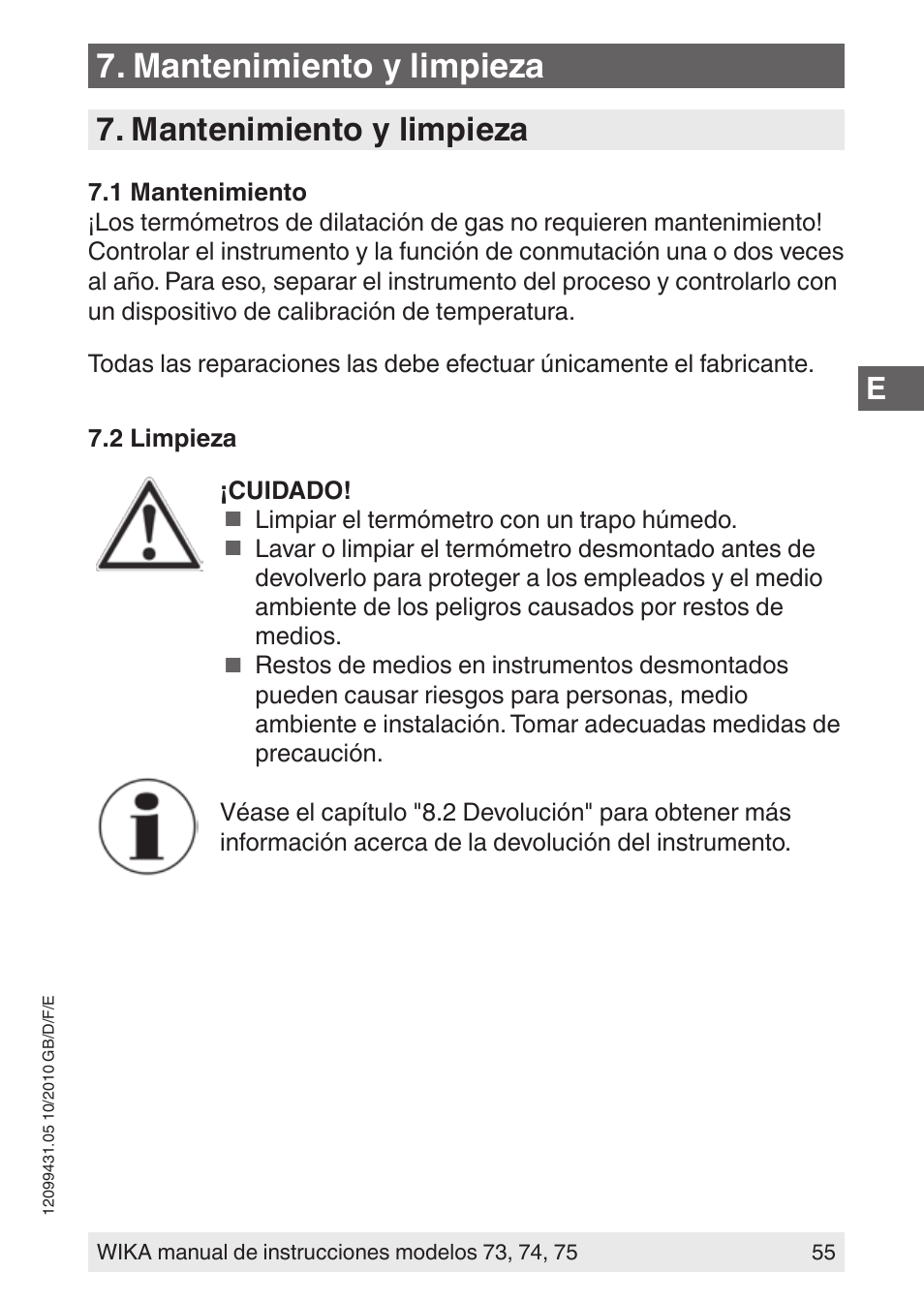 Mantenimiento y limpieza | WIKA 73 User Manual | Page 55 / 60
