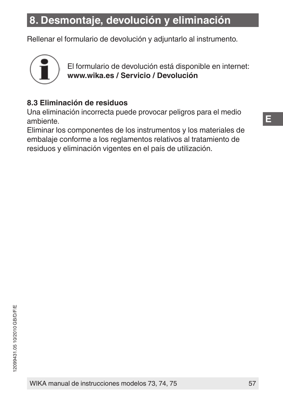 Desmontaje, devolución y eliminación | WIKA 73 User Manual | Page 57 / 60