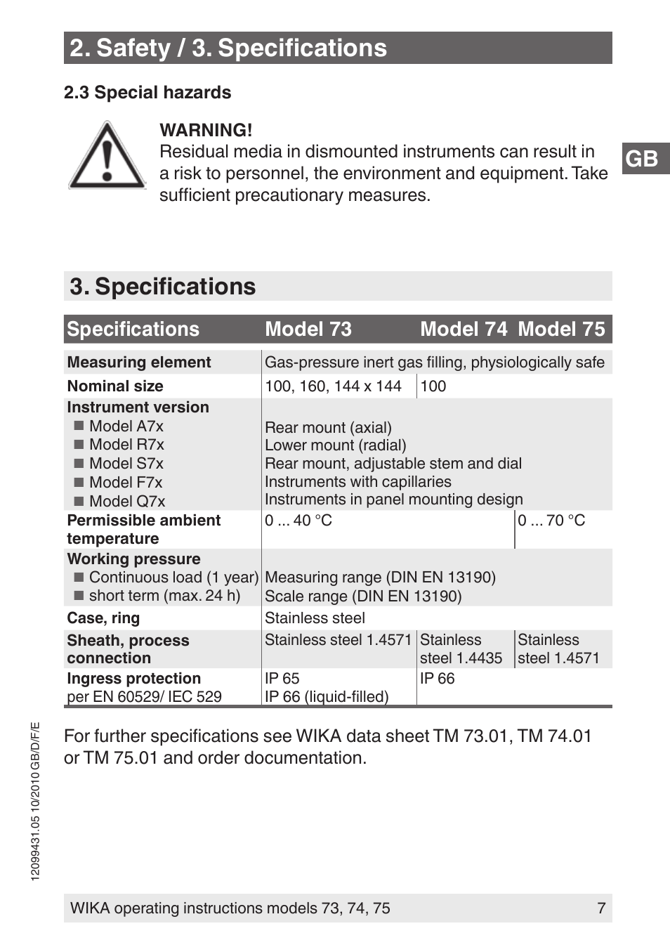 Safety / 3. specifications, Specifications | WIKA 73 User Manual | Page 7 / 60