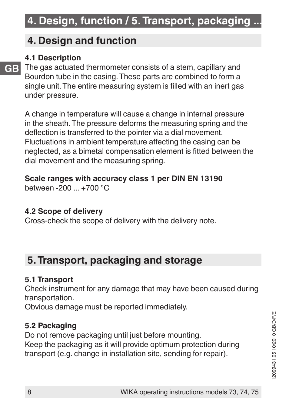 Design, function / 5. transport, packaging, Design and function, Transport, packaging and storage | WIKA 73 User Manual | Page 8 / 60