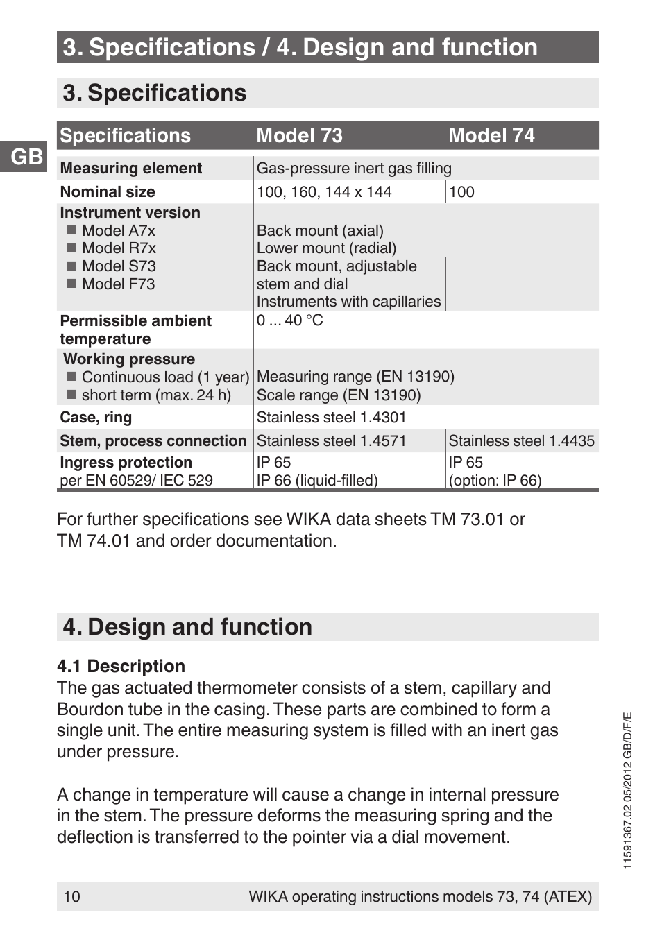 Specifications / 4. design and function, Specifications, Design and function | Specifications model 73 model 74 | WIKA 73 User Manual | Page 10 / 68