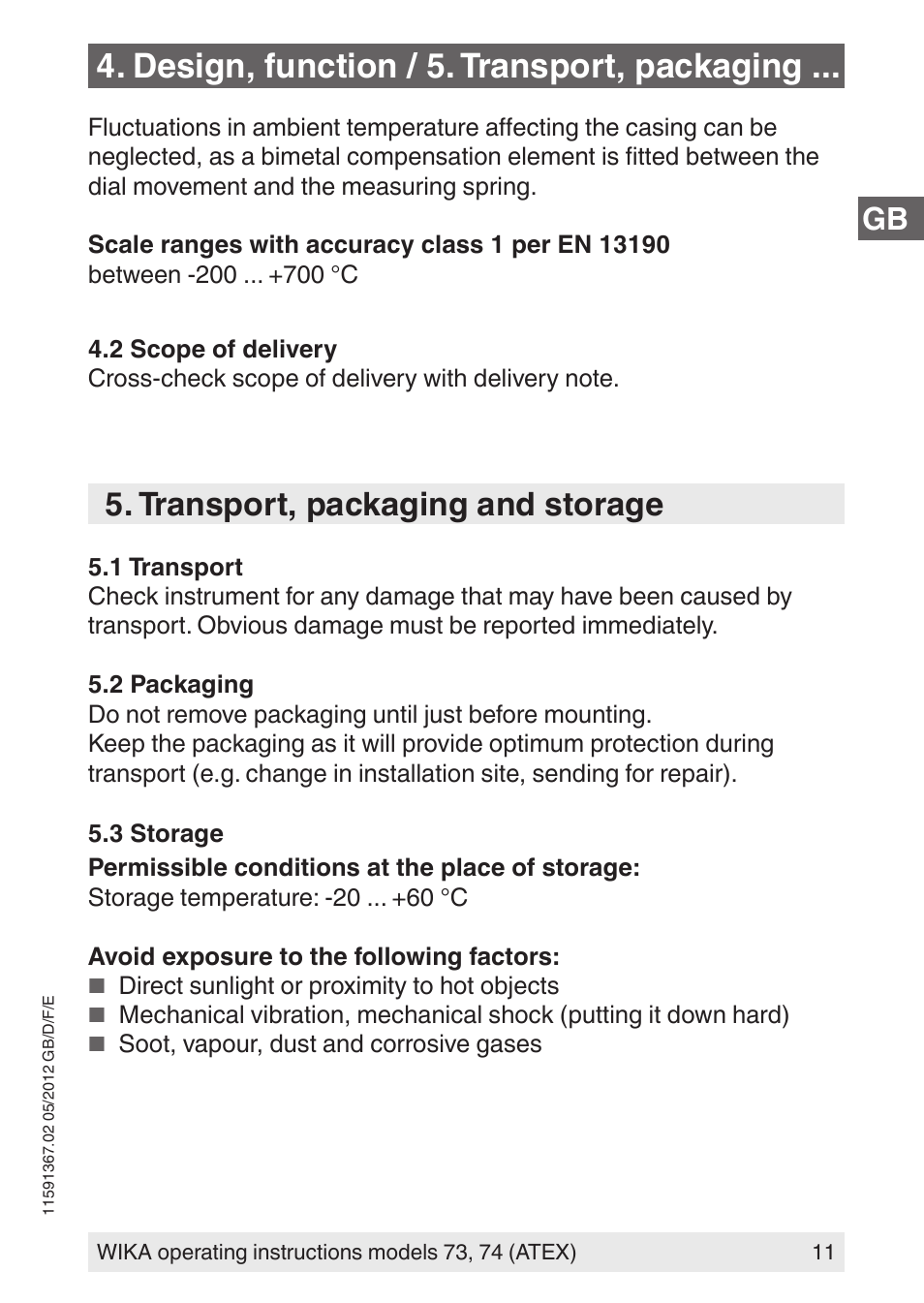 Design, function / 5. transport, packaging, Transport, packaging and storage | WIKA 73 User Manual | Page 11 / 68