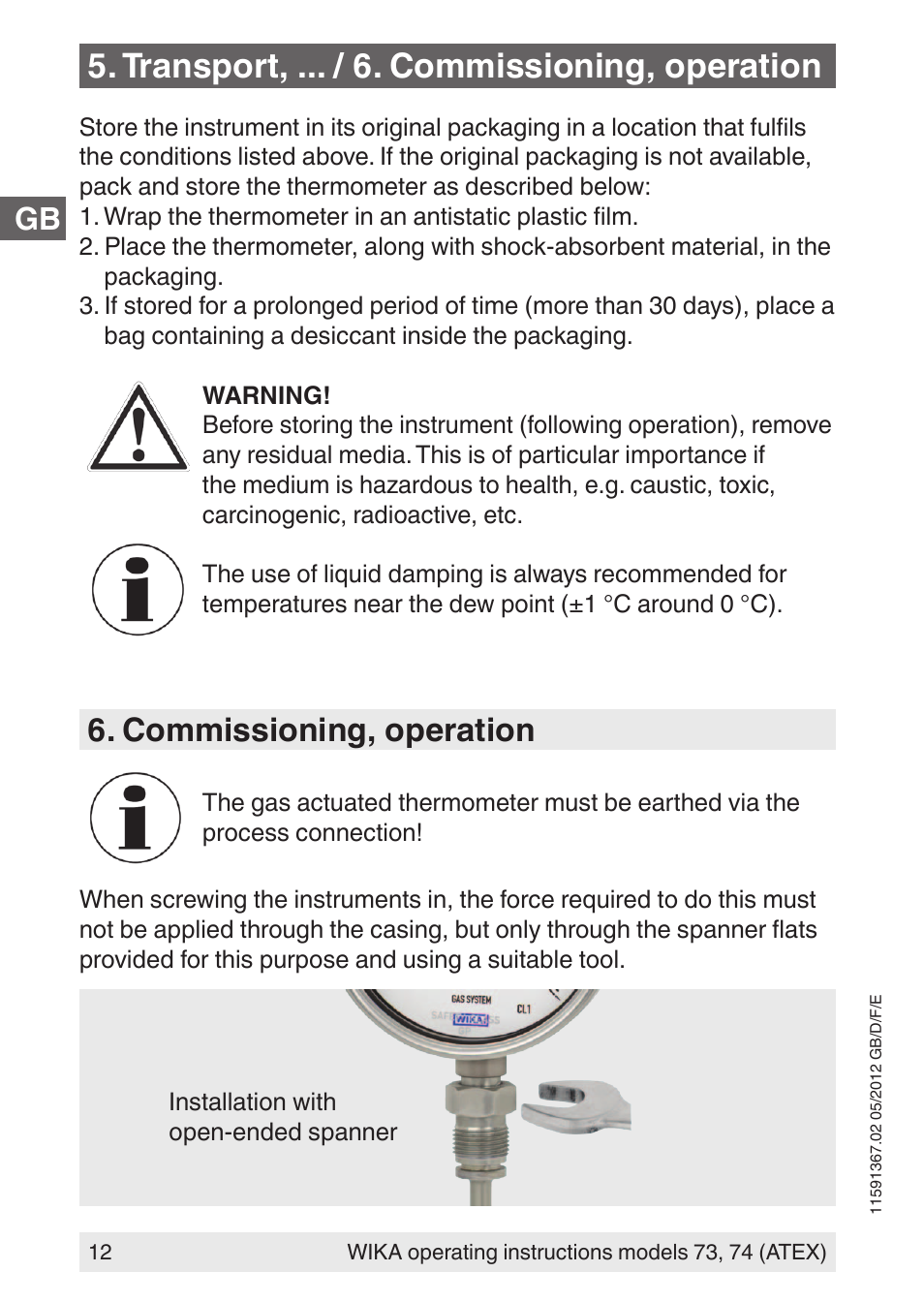 Transport, ... / 6. commissioning, operation, Commissioning, operation | WIKA 73 User Manual | Page 12 / 68