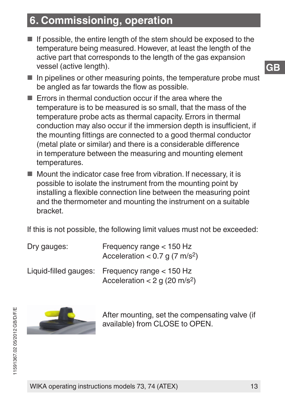 Commissioning, operation | WIKA 73 User Manual | Page 13 / 68