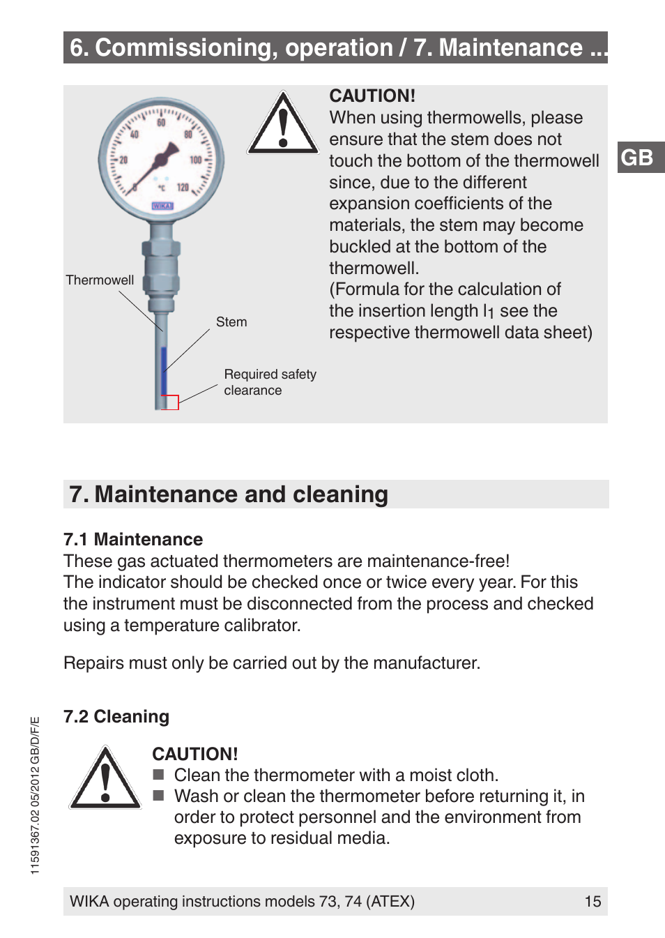 Commissioning, operation / 7. maintenance, Maintenance and cleaning | WIKA 73 User Manual | Page 15 / 68
