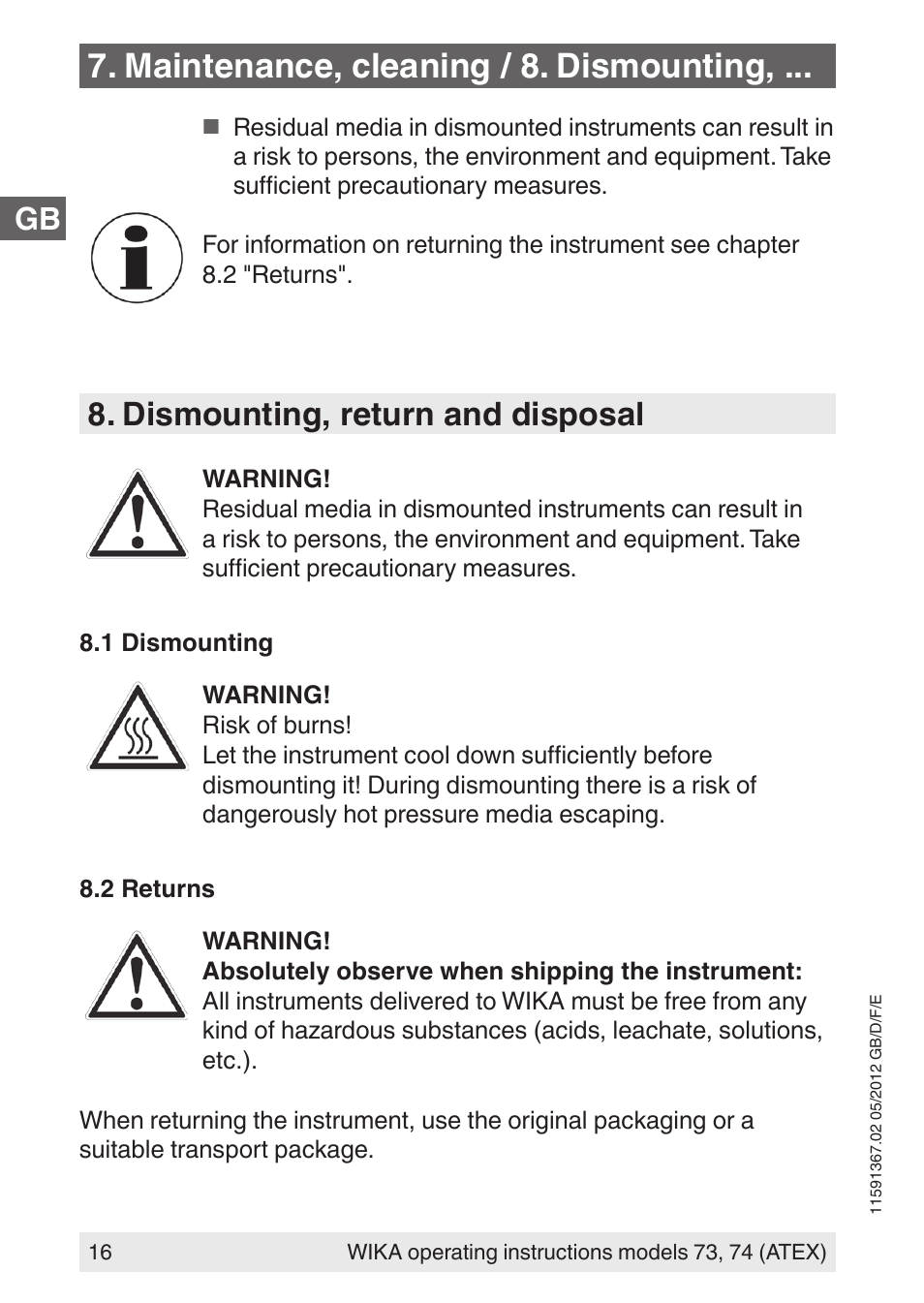 Maintenance, cleaning / 8. dismounting, Dismounting, return and disposal | WIKA 73 User Manual | Page 16 / 68