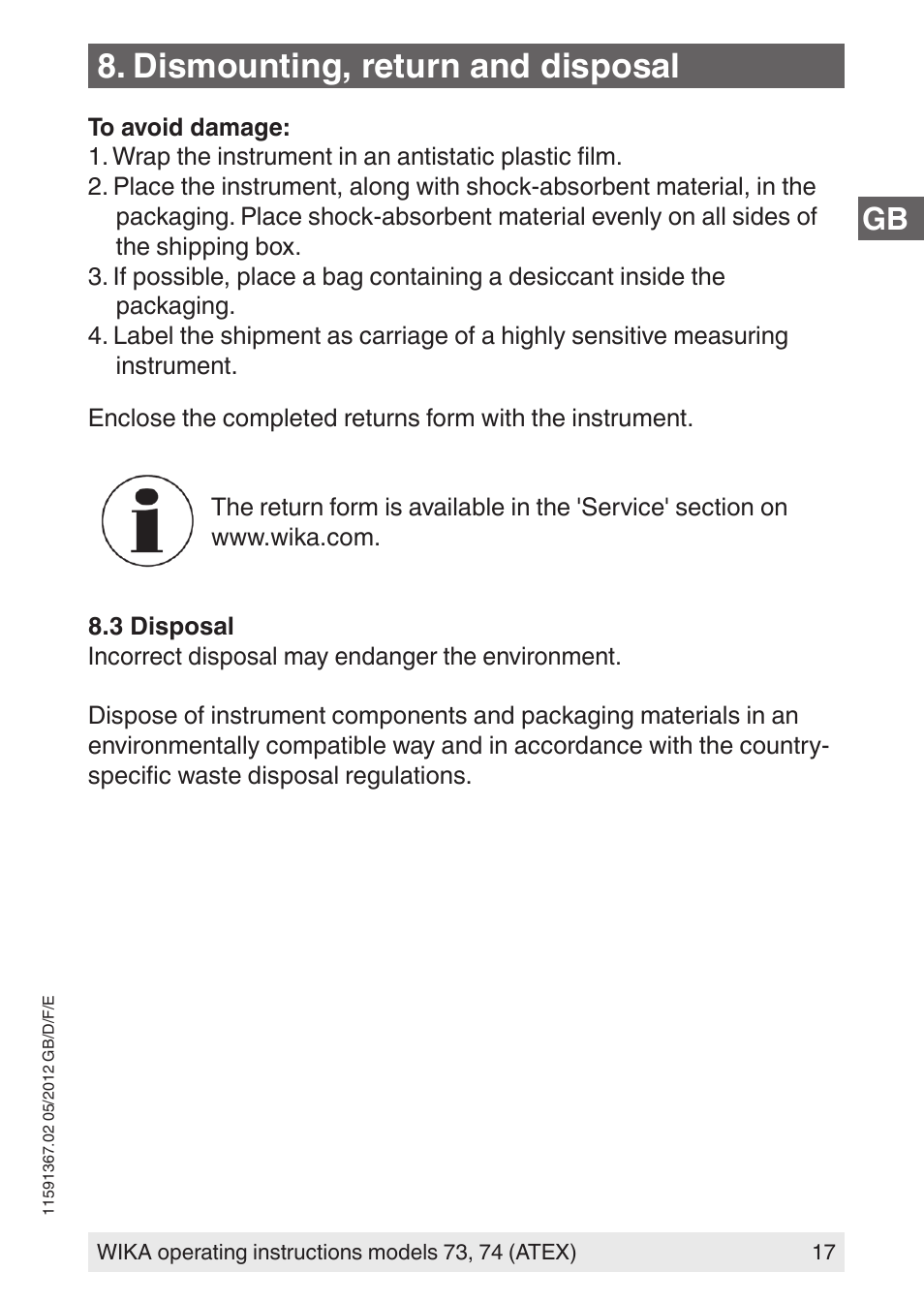 Dismounting, return and disposal | WIKA 73 User Manual | Page 17 / 68