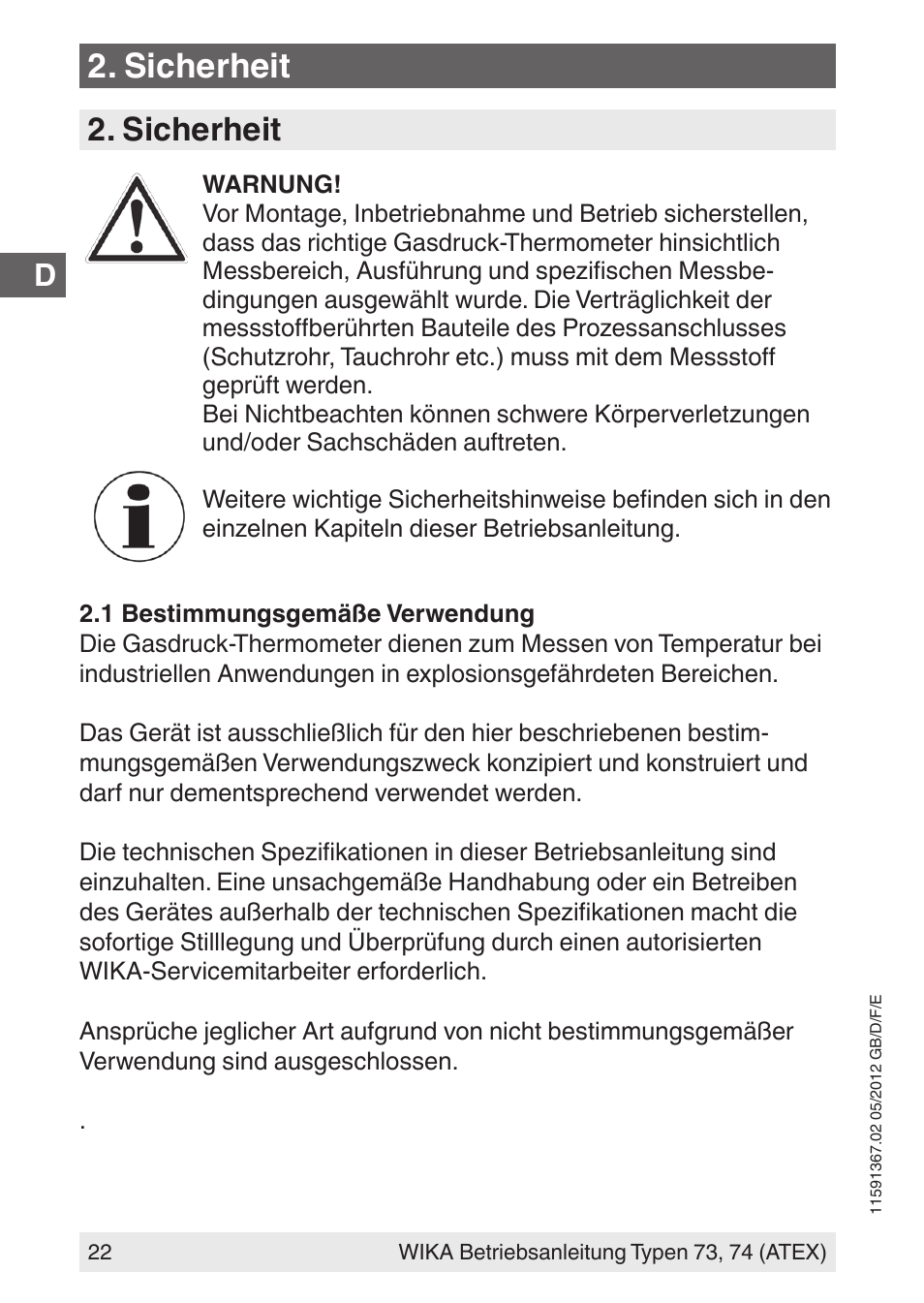 Sicherheit | WIKA 73 User Manual | Page 22 / 68