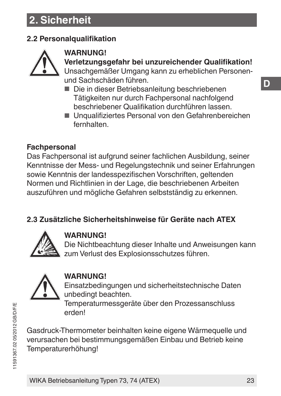 Sicherheit | WIKA 73 User Manual | Page 23 / 68