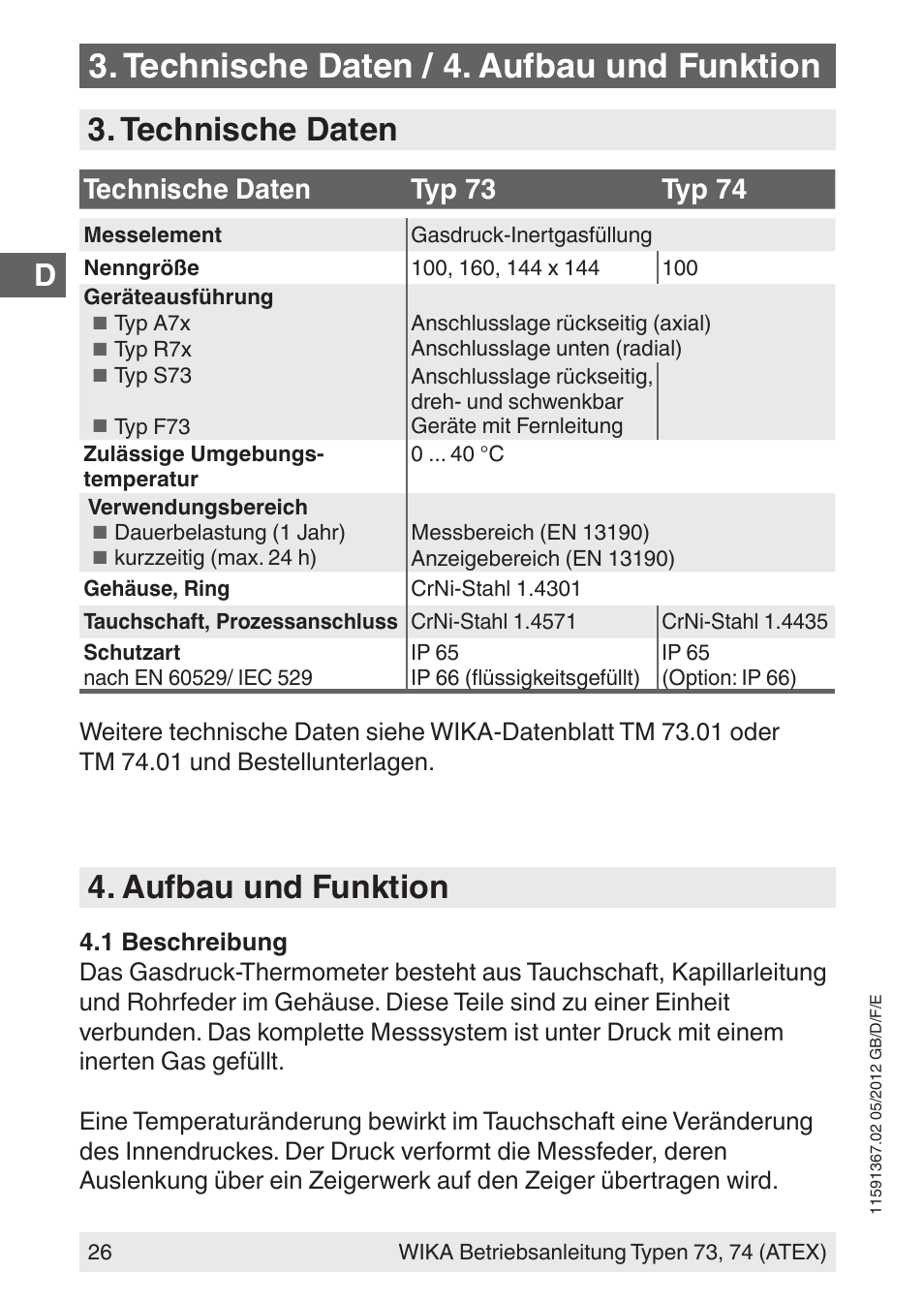 Technische daten / 4. aufbau und funktion, Technische daten, Aufbau und funktion | Technische daten typ 73 typ 74 | WIKA 73 User Manual | Page 26 / 68