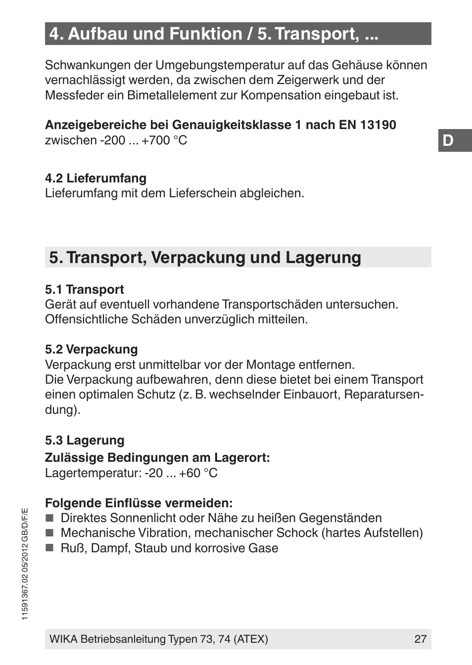 Aufbau und funktion / 5. transport, Transport, verpackung und lagerung | WIKA 73 User Manual | Page 27 / 68